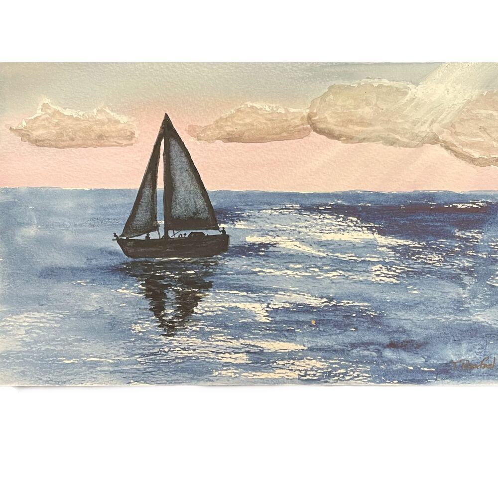 Handmade watercolor original painting sailboat ocean 9x6